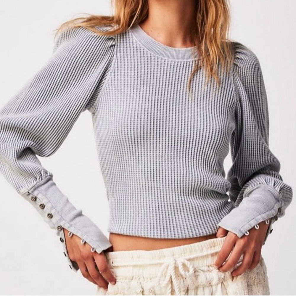 Free People Gray Long Sleeve Waffle Knit Top